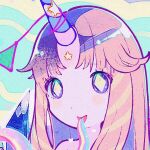  +_+ 1girl blue_background facial_mark forehead_mark horns kiato long_hair looking_at_viewer original parted_bangs pink_hair purple_eyes rainbow single_horn smile solo star_(symbol) tongue tongue_out unicorn_girl unicorn_horn 