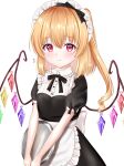  1girl alternate_costume alternate_eye_color back_bow bangs black_bow black_dress blonde_hair blush bow breasts buttons closed_mouth collared_shirt commentary_request crystal dress enmaided eyebrows_visible_through_hair flandre_scarlet flying_sweatdrops frills grey_bow hair_between_eyes hair_bow heart highres jewelry looking_at_viewer maid maid_headdress medium_breasts multicolored_wings nyanyanoruru pink_eyes ponytail puffy_short_sleeves puffy_sleeves shirt short_hair short_sleeves side_ponytail simple_background smile solo standing sweat sweatdrop touhou tray white_background white_shirt wings 