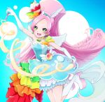  1girl a_syu_z animal_ears arm_up bare_shoulders berry boots choker commentary_request cure_parfait dress earrings elbow_gloves food food-themed_hair_ornament fruit gloves hair_ornament headband highres holding horse_ears jewelry kirakira_precure_a_la_mode kiwi_(fruit) leaf lemon long_hair open_mouth orange_(fruit) parfait pearl_choker pearl_earrings pink_hair ponytail precure solo strapless strapless_dress tail white_footwear white_gloves white_tail white_wings wings 