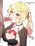  1boy 1girl black_bra blonde_hair blush bow bowtie bra breasts brown_jacket choker clothes_pull collared_shirt cum cum_in_mouth cum_on_tongue english_text fellatio hair_ornament hair_ribbon heterochromia highres hoshikawa_sara hoshikawa_sara_(2nd_costume) jacket kenken_(keuken) large_breasts licking licking_penis long_hair multicolored_hair nijisanji open_clothes open_jacket open_mouth oral penis penis_grab red_bow red_bowtie red_eyes ribbon shirt shirt_pull solo_focus streaked_hair tongue tongue_out two_side_up uncensored underwear virtual_youtuber x_hair_ornament yellow_eyes 