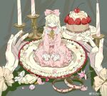  1girl 1other absurdres birthday_cake blonde_hair blunt_bangs bow cake candle cherry collar cupcake dress flower food frilled_dress frilled_sleeves frills fruit hair_bow highres icing jwannn long_hair long_sleeves original out_of_frame pink_bow pink_dress pink_eyes pink_flower plate pov pov_hands ribbon sitting solo_focus strawberry weibo_logo weibo_username yellow_bow 