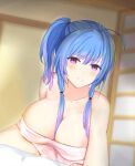  1girl ahegao azur_lane blue_hair breasts cleavage large_breasts long_hair looking_at_viewer naked_towel sa_(nax49) smile solo st._louis_(azur_lane) thighs towel 