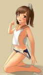  1girl barefoot blue_one-piece_swimsuit breasts brown_background brown_eyes brown_hair clothes_pull full_body groin i-401_(kancolle) kantai_collection kneeling medium_hair navel old_school_swimsuit one-hour_drawing_challenge one-piece_swimsuit one-piece_swimsuit_pull orange_sailor_collar ponytail ray.s sailor_collar school_swimsuit short_ponytail side-tie_shirt simple_background small_breasts solo swimsuit tan tanlines v 