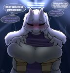 ambiguous_gender anthro biped blush boss_monster_(undertale) bovid breasts caprine dialogue duo eyelashes eyes_closed featureless_breasts female fur goat hi_res horn mammal milkteafox speech_bubble toriel undertale_(series) white_body white_fur