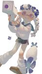  1girl baggy_socks black_shorts blue_flower blue_sailor_collar braid brown_footwear commentary_request dolphin_shorts fangs flower foot_out_of_frame hair_flower hair_ornament head_wreath highres holding holding_weapon inkling inkling_girl inkling_player_character long_hair open_mouth pointy_ears red_eyes sailor sailor_collar shell_hair_ornament shirt shorts socks solo splatoon_(series) splatoon_3 splattershot_jr_(splatoon) tentacle_hair tiripow twin_braids twitter_username weapon white_background white_hair white_shirt white_socks white_trim 