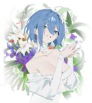  1girl absurdres bare_shoulders blue_eyes blue_hair blue_nails blush breasts choker cleavage detached_sleeves dress flower grin hair_between_eyes hair_flower hair_ornament highres large_breasts looking_at_viewer mitsuki3s_kir nail_polish orange_flower original purple_flower short_hair smile solo strapless strapless_dress upper_body white_choker white_dress white_flower 