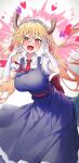  1girl :d absurdres blonde_hair blue_dress blush breasts commentary cowboy_shot dragon_girl dragon_horns dragon_tail dress fangs gloves gradient_hair hair_between_eyes hands_up heart heart_in_eye highres horns kobayashi-san_chi_no_maidragon large_breasts leaning_forward long_dress long_hair looking_at_viewer maid maid_headdress multicolored_hair necktie open_mouth pink_hair puffy_short_sleeves puffy_sleeves red_eyes red_necktie shirt short_sleeves slit_pupils smile solo symbol-only_commentary symbol_in_eye tail tem tohru_(maidragon) twintails very_long_hair white_gloves white_shirt 