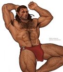  1boy abs armpit_hair baldur&#039;s_gate baldur&#039;s_gate_3 bara brown_hair bulge dark-skinned_male dark_skin dungeons_and_dragons elf feet_out_of_frame hairy halsin highres large_pectorals looking_at_viewer lying male_focus marcus_(rnarccus) mature_male medium_hair muscular muscular_male navel navel_hair nipple_hair nipples on_back paid_reward_available pectorals pointy_ears smile solo stomach thick_chest_hair thick_eyebrows thick_leg_hair thick_navel_hair thick_thighs thighs topless_male very_hairy 
