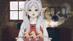  1girl absurdres apron cooking earrings elf food food_focus frieren green_eyes highres holding holding_food holding_plate jewelry kitchen long_hair plate pointy_ears solo sousou_no_frieren sweets the_blackout twintails white_hair 