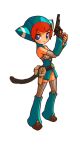  1girl animal_hood blue_eyes breasts breath_of_fire breath_of_fire_v cat_hood closed_mouth full_body gloves gun highres holding holding_gun holding_weapon hood izuna_yoshitsune lin_(breath_of_fire) looking_at_viewer orange_hair short_hair simple_background solo tail thighhighs weapon white_background 