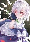  1girl bangs black_gloves braid closed_mouth eyebrows_visible_through_hair gloves grey_hair highres izayoi_sakuya knife looking_at_viewer maid_day maid_headdress pafe_yuzuran puffy_short_sleeves puffy_sleeves red_eyes short_hair short_sleeves side_braids solo touhou twin_braids 