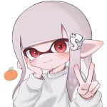  1girl closed_mouth food fruit grey_hair highres inkling inkling_girl inkling_player_character long_hair mandarin_orange pointy_ears red_eyes sh_f0y simple_background sleeves_past_wrists smile solo splatoon_(series) sweater tentacle_hair upper_body v white_background white_sweater 