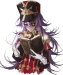  1girl :t absurdres black_headwear book chevreuse_(genshin_impact) commentary_request detached_sleeves dress earmuffs earmuffs_around_neck eyepatch food genshin_impact gloves hair_between_eyes hat highres holding holding_book holding_food long_hair long_sleeves messy_hair purple_eyes purple_hair red_dress roman_numeral shako_cap simple_background smile solo twelve_ltd upper_body very_long_hair white_background white_gloves 