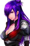  1girl armor asymmetrical_bangs asymmetrical_clothes bangs breasts choker cleavage closed_mouth collar fire_emblem fire_emblem:_three_houses fire_emblem_warriors:_three_hopes gloves hair_bun hair_over_one_eye highres jack_(kairuhaido) large_breasts long_bangs long_hair long_sleeves one_eye_covered purple_eyes purple_hair shez_(fire_emblem) shez_(fire_emblem)_(female) shoulder_armor sidelocks simple_background solo white_background 