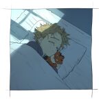  1boy aged_down boku_no_hero_academia border brown_hair character_doll closed_eyes endeavor_(boku_no_hero_academia) hawks_(boku_no_hero_academia) lying male_focus on_side parted_lips pillow pon52io short_hair sleeping solo under_covers white_border window_shade 