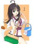  1girl :d ahoge black_hair border breasts broom bucket casual commentary_request cowboy_shot floating_hair foreshortening green_eyes hair_between_eyes hair_ornament hairclip hand_up happy highres hitachi_mako holding holding_broom large_breasts light_blush looking_at_viewer musical_note open_mouth orange_background senren_banka shirayamakoma shirt short_hair_with_long_locks simple_background sleeves_rolled_up smile solo straight_hair tsurime water white_border white_shirt wide_sleeves x_hair_ornament 