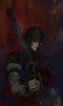  1boy armor blood blood_on_face blood_on_weapon brown_hair caim_(drag-on_dragoon) clenched_hand closed_mouth drag-on_dragoon drag-on_dragoon_1 english_commentary hand_up highres holding holding_sword holding_weapon long_sleeves male_focus painterly red_background short_hair skrill_dgk sword weapon 