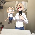  &lt;|&gt;_&lt;|&gt; 2girls :3 animal_ears arcueid_brunestud bathroom bathtub blonde_hair blue_skirt brown_footwear cat_ears cat_tail cellphone chibi commentary english_commentary faucet ferr hand_up highres holding holding_phone how_to_hold_my_baby_redraw_(meme) indoors long_sleeves looking_at_viewer melty_blood meme multiple_girls neco-arc neco_spirit phone photo-referenced photo_background pleated_skirt red_eyes selfie short_hair skirt smartphone smile solo sweater tail tsukihime white_sweater 