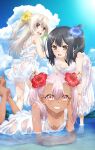  3girls alternate_hairstyle artist_request ass bare_arms bare_legs barefoot black_hair blue_flower blue_sky blush breasts chloe_von_einzbern cloud collarbone commentary_request cumulonimbus_cloud dark-skinned_female dark_skin day dress eyes_visible_through_hair fate/kaleid_liner_prisma_illya fate_(series) flower grin hair_between_eyes hair_flower hair_ornament hibiscus illyasviel_von_einzbern long_hair looking_at_viewer lying miyu_edelfelt multiple_girls no_bra ocean official_art on_stomach open_mouth outdoors panties partially_submerged pink_hair red_eyes red_flower round_teeth see-through side_ponytail sky small_breasts smile teeth twintails underwear upper_teeth_only water wet wet_clothes white_dress white_panties yellow_eyes yellow_flower 
