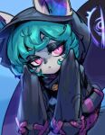  1girl black_hoodie closed_mouth colored_skin cowboy_shot ears_through_headwear english_commentary green_hair grey_skin hair_between_eyes hood hoodie league_of_legends long_sleeves looking_at_another phantom_ix_row purple_eyes shadow short_hair sleeves_past_wrists solo vex_(league_of_legends) yordle 