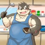  anthro apron apron_only biceps blush brown_body brown_fur canid canine canis clothing domestic_dog eyebrows fur hi_res kitchen_utensils ladle lifewonders male mammal mohumohudansi moritaka mostly_nude musclegut muscular_arms nipples pecs scar solo thick_eyebrows tokyo_afterschool_summoners tools video_games 