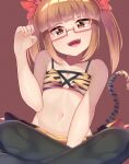  1girl :d animal_print bangs black_legwear blunt_bangs breasts brown_background brown_eyes brown_hair cat_tail crossed_legs glasses highres idolmaster idolmaster_cinderella_girls ikebukuro_akiha looking_at_viewer meshiya_(naruga-501-kuaru) navel paw_pose red-framed_eyewear sidelocks skirt small_breasts smile solo tail tiger_print twintails yellow_skirt 