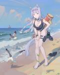  1girl absurdres animal_ears barefoot beach bird black_one-piece_swimsuit blue_sky blunt_bangs bracelet breasts choker cleavage cloud day eyewear_on_head feet full_body gold_ship_(run_revolt_launcher)_(umamusume) gold_ship_(umamusume) grey_hair grin highres horse_ears horse_girl horse_tail jewelry large_breasts leaning_forward legs long_hair looking_at_viewer nail_polish ocean official_alternate_costume one-piece_swimsuit outdoors purple_eyes sand sandals seagull sky smile solo standing sunglasses swimsuit tail thigh_strap toenail_polish toenails toes tracen_swimsuit umamusume unworn_sandals water water_gun youpofen 