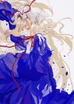  1girl bangs blonde_hair closed_eyes closed_mouth commentary dress eyebrows_visible_through_hair hand_on_own_chest hat hat_ribbon highres long_hair long_sleeves lying mob_cap neck_ribbon on_side puffy_sleeves purple_dress red_ribbon ribbon shinjitsu_no_kuchi solo touhou upper_body yakumo_yukari 