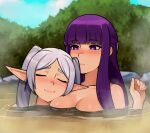 2girls blunt_bangs blush breasts closed_mouth commentary earrings english_commentary facing_viewer fern_(sousou_no_frieren) frieren grey_hair hand_up highres jewelry large_breasts long_hair loodncrood multiple_girls onsen parted_bangs pointy_ears purple_eyes purple_hair shiny_skin smile sousou_no_frieren twintails water 