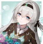  1girl black_hairband blue_background blue_eyes blue_pupils border bouquet closed_mouth collared_shirt dutch_angle firefly_(honkai:_star_rail) grey_hair hair_intakes hairband highres holding holding_bouquet honkai:_star_rail honkai_(series) k/a long_hair looking_at_viewer pink_eyes shirt sidelocks smile solo two-tone_eyes white_border white_shirt 
