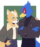 absurd_res anthro avian beak bird blue_body canid canine canis clothing crossed_arms duo falco_lombardi fox fox_mccloud green_eyes hand_on_shoulder hi_res jacket looking_each_other male male/male mammal nintendo orange_body star_fox tbrktbrk02 topwear