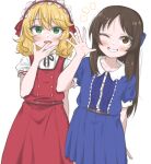  2girls arm_behind_back blonde_hair blue_bow blue_dress blush bow brown_eyes brown_hair child commentary covering_own_mouth cowboy_shot dress frilled_hairband frills green_eyes hair_bow hairband hand_over_own_mouth idolmaster idolmaster_cinderella_girls idolmaster_cinderella_girls_u149 long_hair medium_hair multiple_girls nwaru one_eye_closed open_mouth pinafore_dress puffy_sleeves red_dress red_hairband sakurai_momoka shirt short_sleeves sleeveless sleeveless_dress smile standing tachibana_arisu waving wavy_hair white_background white_shirt 