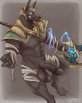 anthro arm_wraps armor balls biped canid canine claws colored digital_drawing_(artwork) digital_media_(artwork) erection finger_claws genitals hi_res kopyorh league_of_legends leg_wraps male mammal muscular muscular_anthro muscular_male nasus_(lol) riot_games simple_background solo teeth toe_claws wraps