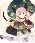  1girl all_fours animal_ears artist_request atelier_(series) bell black_dress blush braid capelet cat_day cat_ears cat_girl cat_tail choker dress escha_malier green_eyes green_headwear hair_ribbon light_particles looking_at_viewer neck_bell open_mouth pantyhose paw_print pink_hair purple_pantyhose ribbon solo tail tail_raised triangle_mouth twintails 