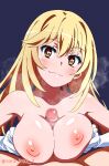  1boy 1girl blonde_hair breasts breasts_squeezed_together censored closed_mouth collarbone commentary_request elbow_gloves gloves hair_between_eyes hetero highres large_breasts long_hair looking_at_viewer mosaic_censoring nipples paid_reward_available paizuri penis pov pov_crotch shokuhou_misaki simple_background smile sora_nyan sparkling_eyes steaming_body toaru_kagaku_no_mental_out toaru_kagaku_no_railgun toaru_majutsu_no_index twitter_username white_gloves 