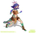  1girl absurdres artist_name bare_shoulders breasts brown_shorts brown_skirt closed_mouth colored_skin crop_top flipped_hair flower glowing_skin green_skin hair_flower hair_ornament hands_up highres hui_shuijiao_de_yu league_of_legends lizard_tail medium_hair midriff navel neeko_(league_of_legends) pink_flower purple_skin reptile_girl shorts skirt small_breasts smile solo stomach tail toeless_footwear 