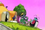  2boys alex_ahad blue_skin colored_skin dragon_ball dragon_ball_z drinking gas_mask grass green_jacket green_pants halo highres house jacket mask multiple_boys north_kaiou open_mouth pants purple_background robot table toriyama_akira_(character) yellow_halo 