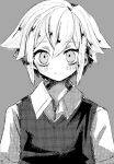  1boy basil_(faraway)_(omori) basil_(omori) blush closed_mouth collared_shirt fjsk grey_background greyscale hair_between_eyes looking_at_viewer monochrome omori shirt short_hair short_sleeves smile solo sweater_vest upper_body 