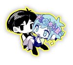  2boys antenna_hair aqua_eyes aqua_flower aqua_hair barefoot basil_(headspace)_(omori) basil_(omori) black_eyes black_hair black_socks black_tank_top blue_overalls carrying carrying_person chibi chibi_only closed_mouth collared_shirt colored_skin expressionless fjsk flower full_body green_shirt hair_behind_ear hair_between_eyes highres leaf looking_at_another multiple_boys no_pupils no_shoes omori omori_(omori) open_mouth outline overall_shorts overalls own_hands_together pink_flower purple_flower shirt short_hair short_sleeves shorts smile socks sparkle tank_top white_background white_shorts white_skin yellow_outline 