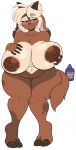 absurd_res anthro big_breasts blonde_hair blush bovid breasts brown_body brown_fur brown_nipples caprine female fur goat hair hi_res horn huge_breasts mammal navel nipples simple_background skidd solo tessa_(skidd) white_background