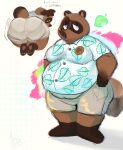 aloha_shirt animal_crossing anthro belly blue_eyes bottomwear brown_body brown_fur butt canid canine clothing debudraws english_text fur hi_res male mammal moobs nintendo overweight pattern_clothing pattern_shirt pattern_topwear pawpads presenting presenting_hindquarters raccoon_dog shirt shorts solo tanuki text tom_nook_(animal_crossing) topwear