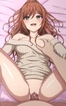  1boy 1girl bang_dream! bare_shoulders bed_sheet blush bottomless breasts brown_hair censored clothed_female_nude_male clothed_sex collarbone commentary_request earrings grabbing grabbing_another&#039;s_breast grey_eyes grey_sweater groin hair_between_eyes half_updo hetero highres imai_lisa jewelry legs_up long_hair long_sleeves looking_at_viewer lying medium_breasts missionary mosaic_censoring noshimurin nude off-shoulder_sweater off_shoulder on_back one_breast_out open_mouth penis pov pov_hands pussy pussy_juice rabbit_earrings raised_eyebrows ribbed_sweater sex sidelocks smile solo_focus spread_legs sweat sweater teeth upper_teeth_only vaginal wavy_hair 
