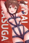  1girl arm_strap armpits arms_up bare_shoulders blush bondage_outfit breasts brown_eyes brown_hair character_name collarbone cosplay covered_nipples cowboy_shot dot_nose highres holding_own_hair hot_limit idolmaster idolmaster_million_live! idolmaster_million_live!_theater_days kasuga_mirai koaya looking_at_viewer medium_breasts nishikawa_takanori nishikawa_takanori_(cosplay) one_side_up open_mouth red_background revealing_clothes short_hair side_ponytail smile solo standing t.m.revolution underboob v-shaped_eyebrows 