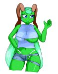  antennae_(anatomy) anthro aoreola arthropod blush bottomwear cactuscacti clothing female grasshopper insect looking_aside nipple_slip orthopterid shirt shorts simple_background solo solo_focus thick_thighs topwear torn_clothing wings zipper zipper_topwear 