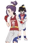  1boy ? black_hair blue_socks collarbone commentary_request crossed_bangs gloves hand_up highres jacket kieran_(pokemon) loose_socks male_focus mole mole_on_neck multicolored_hair multiple_views nanaheibei_3 open_clothes open_jacket pokemon pokemon_sv purple_hair red_gloves red_shirt shirt shoes shorts single_glove sleeveless sleeveless_shirt socks tank_top two-tone_hair white_background white_footwear white_jacket white_shorts 