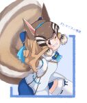  1girl 38b48bfrm absurdres animal_ears brown_eyes brown_hair chipmunk_ears chipmunk_girl chipmunk_tail extra_ears gloves highres kemono_friends kemono_friends_v_project looking_at_viewer microphone one_eye_closed ribbon shirt short_hair shorts siberian_chipmunk_(kemono_friends) simple_background solo tail thighhighs vest virtual_youtuber 