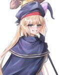  1girl absurdres artoria_caster_(fate) artoria_pendragon_(fate) black_gloves blonde_hair blue_headwear blush cape embarrassed fate/grand_order fate_(series) gloves highres holding holding_staff open_mouth solo staff twintails umeo_(pixiv51103813) 