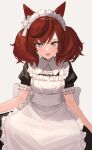  1girl :d alternate_costume animal_ears apron bangs blush brown_hair chorefuji collared_dress dress enmaided eyebrows_visible_through_hair frills grey_eyes highres horse_ears looking_at_viewer maid maid_headdress multicolored_hair nice_nature_(umamusume) open_mouth raised_eyebrows short_sleeves simple_background smile solo streaked_hair tongue umamusume white_apron white_background 