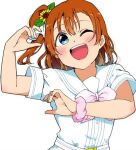  1girl a_song_for_you!_you?_you! birthday blue_eyes blush bow bowtie commentary_request flower hair_between_eyes hair_flower hair_ornament kosaka_honoka liz_(piyoko_piyop) looking_at_viewer love_live! love_live!_school_idol_project medium_hair one_eye_closed one_side_up open_mouth orange_hair pink_bow pink_bowtie scrunchie shirt short_sleeves sidelocks solo sunflower sunflower_hair_ornament upper_body white_background white_shirt wrist_scrunchie 