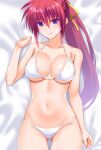  1girl ass_visible_through_thighs bare_shoulders bikini blue_eyes breasts cleavage collarbone engo_(aquawatery) hair_ribbon large_breasts long_hair lying lyrical_nanoha mahou_shoujo_lyrical_nanoha mahou_shoujo_lyrical_nanoha_a&#039;s midriff navel on_back pink_hair ponytail ribbon signum solo swimsuit very_long_hair white_bikini yellow_ribbon 